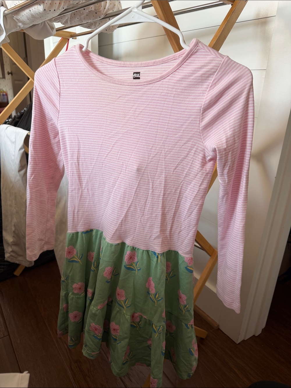 Tea Collection Pink Stripe Long Sleeve Dress with Green Floral Skirt